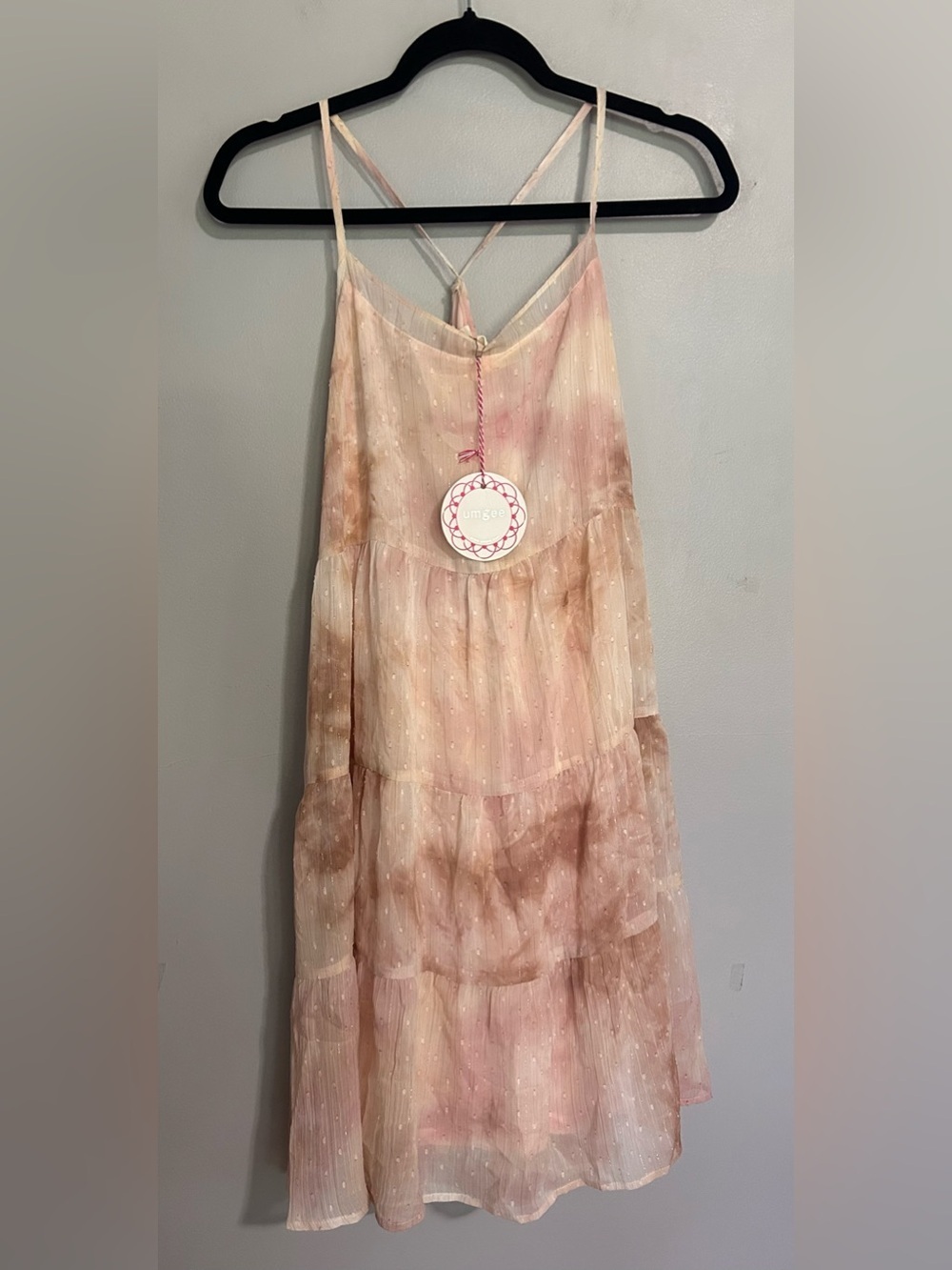 Umgee Pink Tie Dye Swiss Dot Tiered Boho Mini Dress NWT L Linen Cotton Blend - Picture 2 of 9